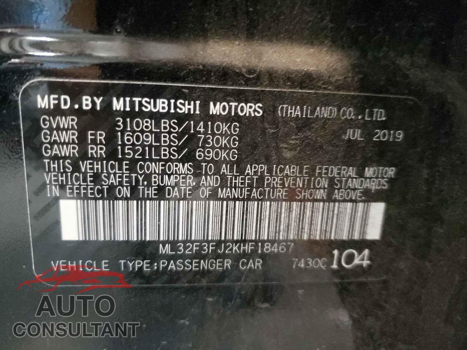 MITSUBISHI MIRAGE 2019 - ML32F3FJ2KHF18467