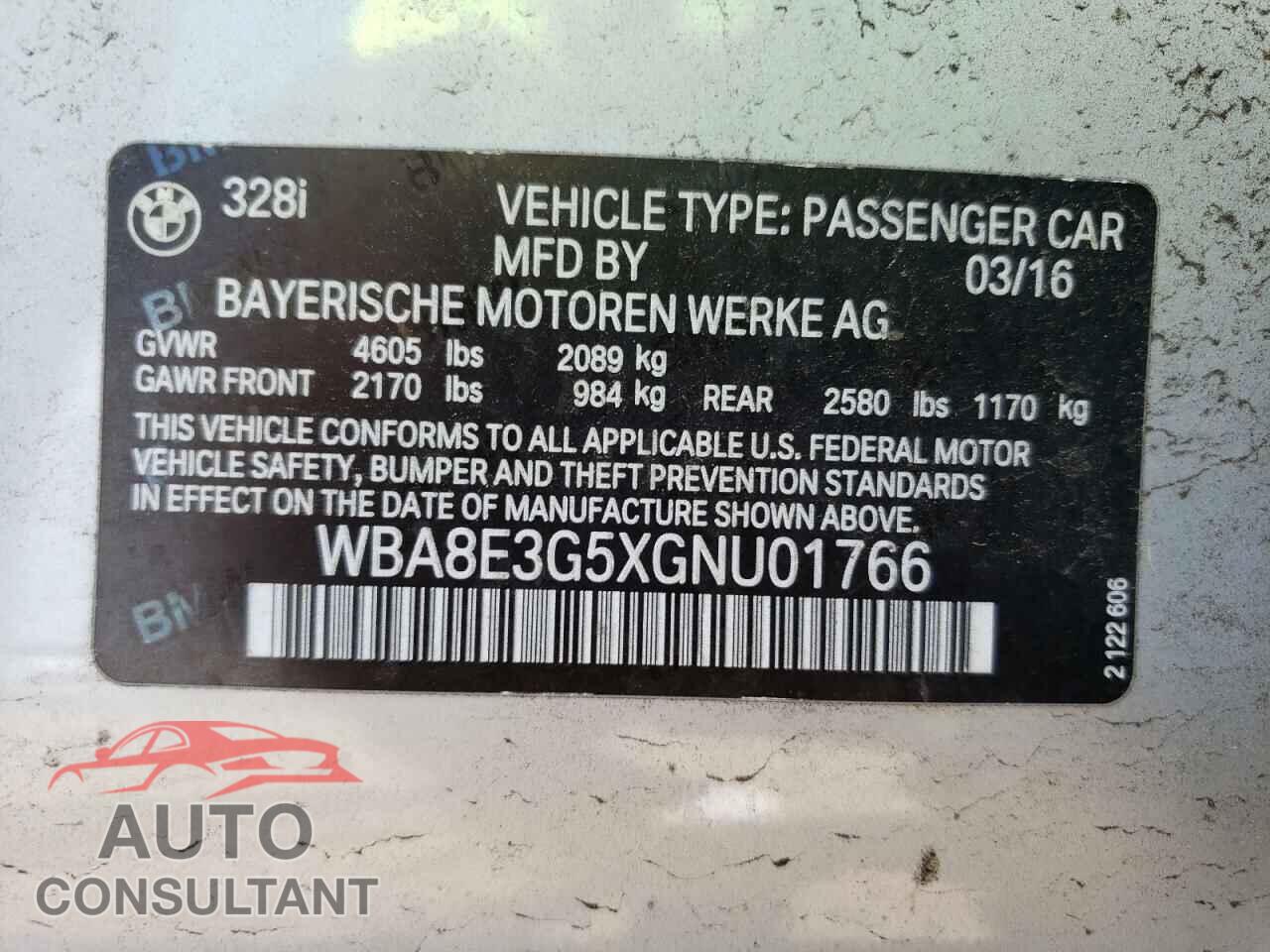 BMW 3 SERIES 2016 - WBA8E3G5XGNU01766
