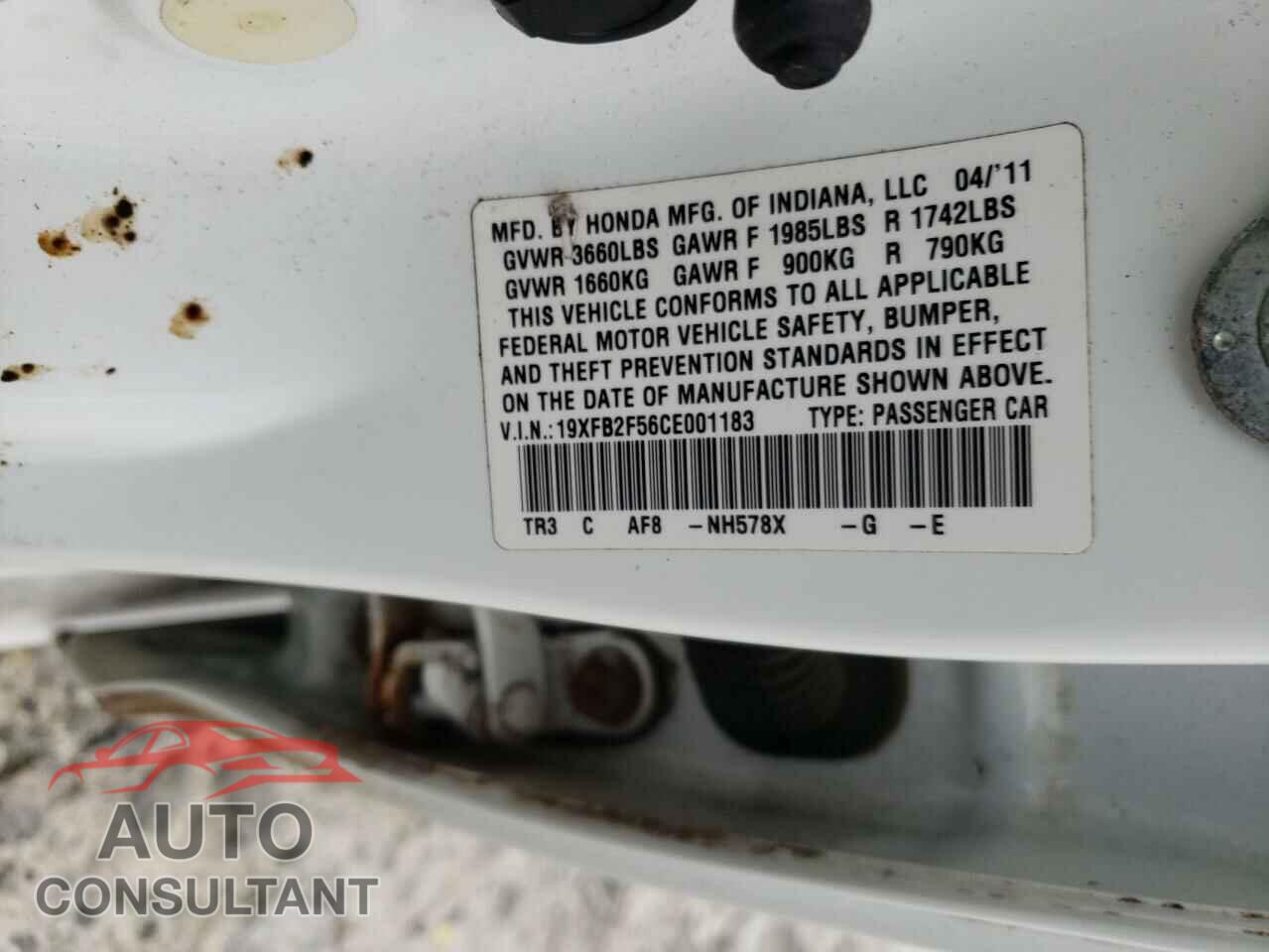 HONDA CIVIC 2012 - 19XFB2F56CE001183