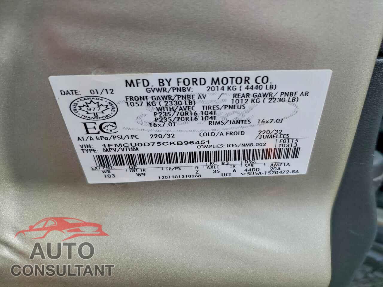 FORD ESCAPE 2012 - 1FMCU0D75CKB96451
