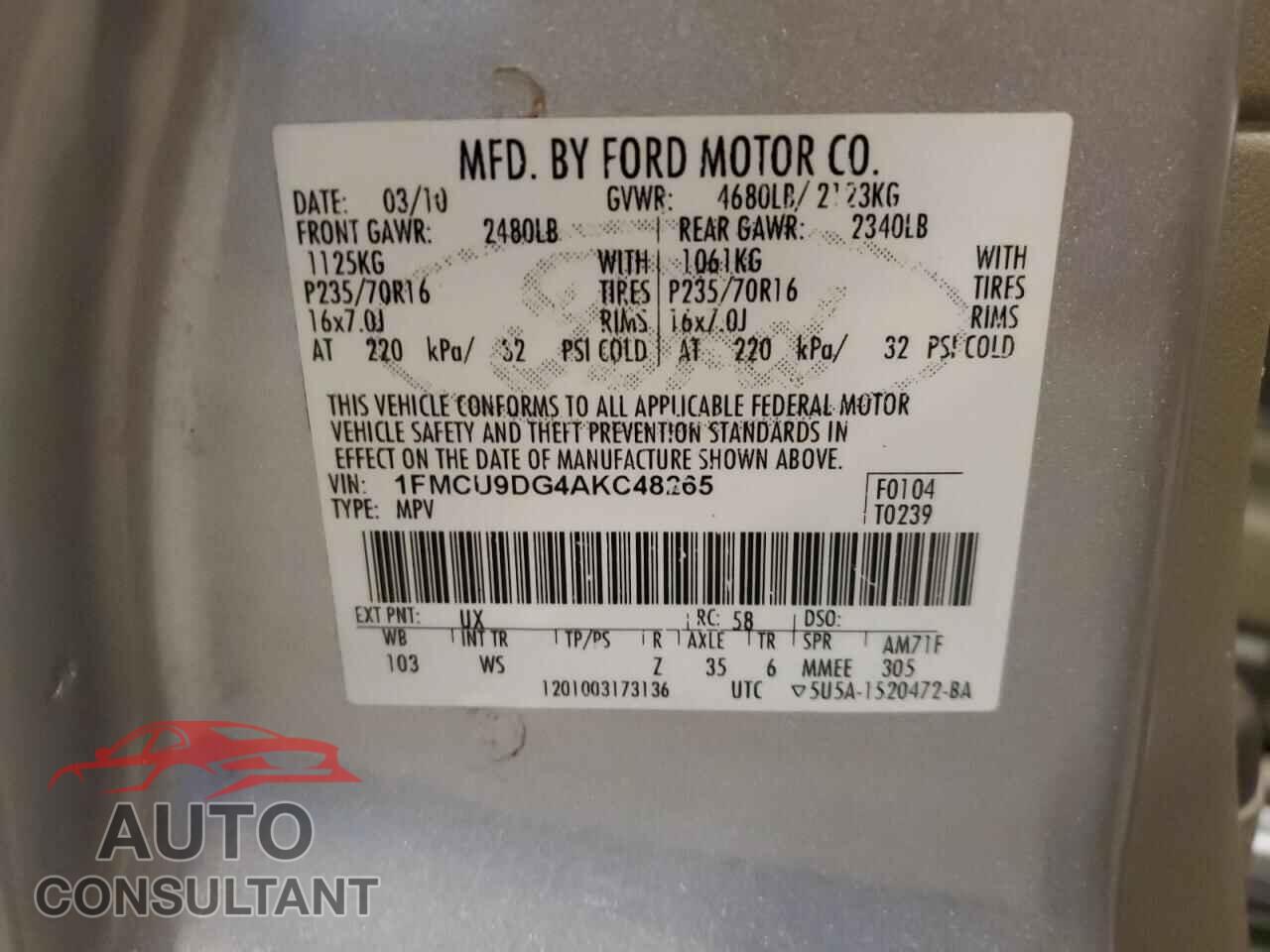 FORD ESCAPE 2010 - 1FMCU9DG4AKC48265