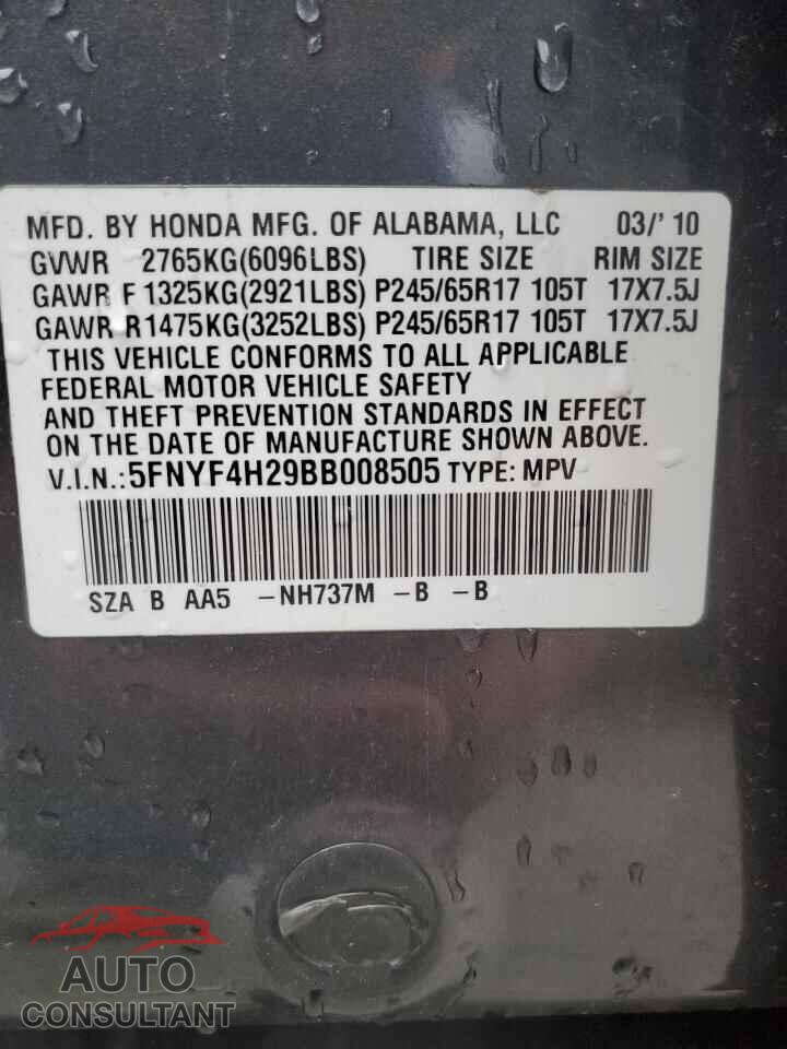 HONDA PILOT 2011 - 5FNYF4H29BB008505