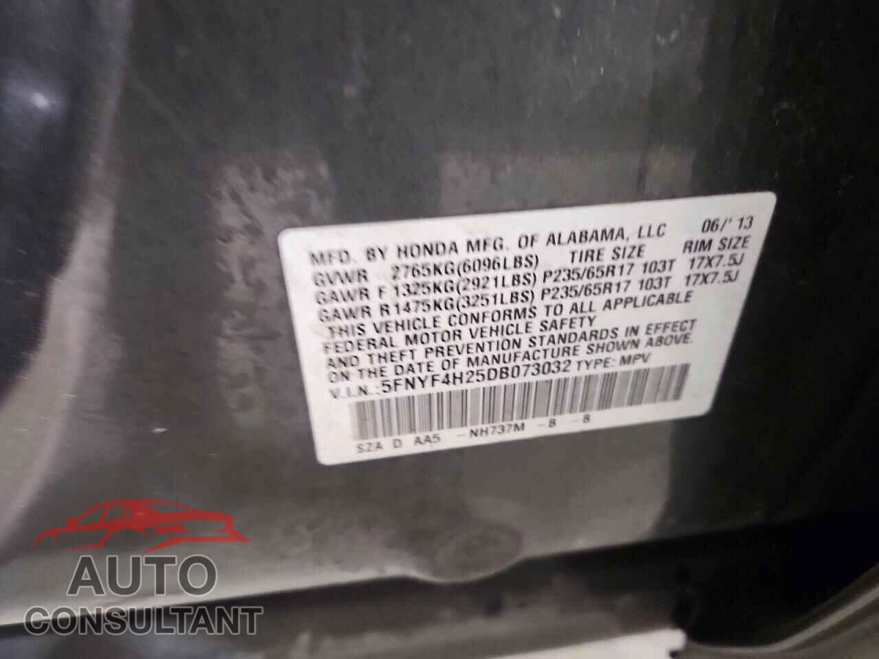 HONDA PILOT 2013 - 5FNYF4H25DB073032