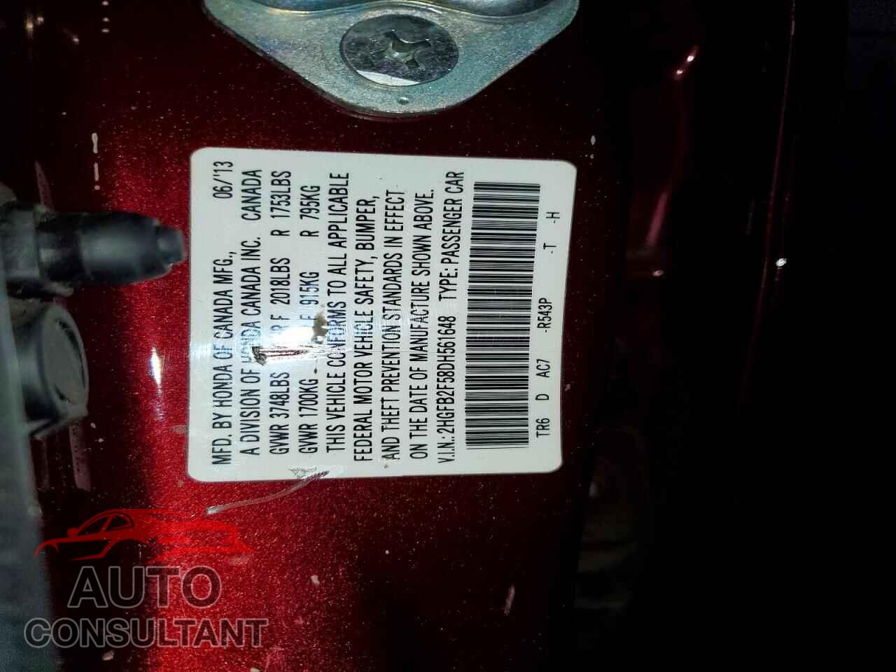 HONDA CIVIC 2013 - 2HGFB2F58DH561648