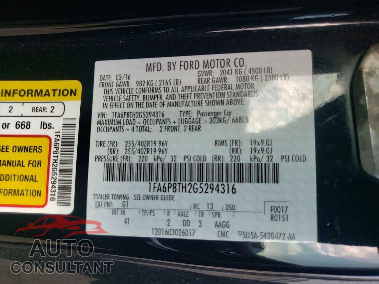 FORD MUSTANG 2016 - 1FA6P8TH2G5294316