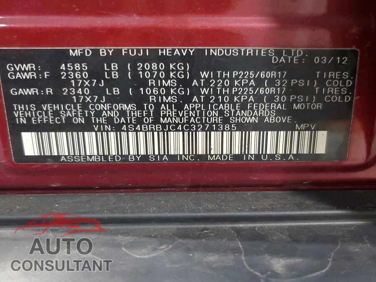 SUBARU OUTBACK 2012 - 4S4BRBJC4C3271385