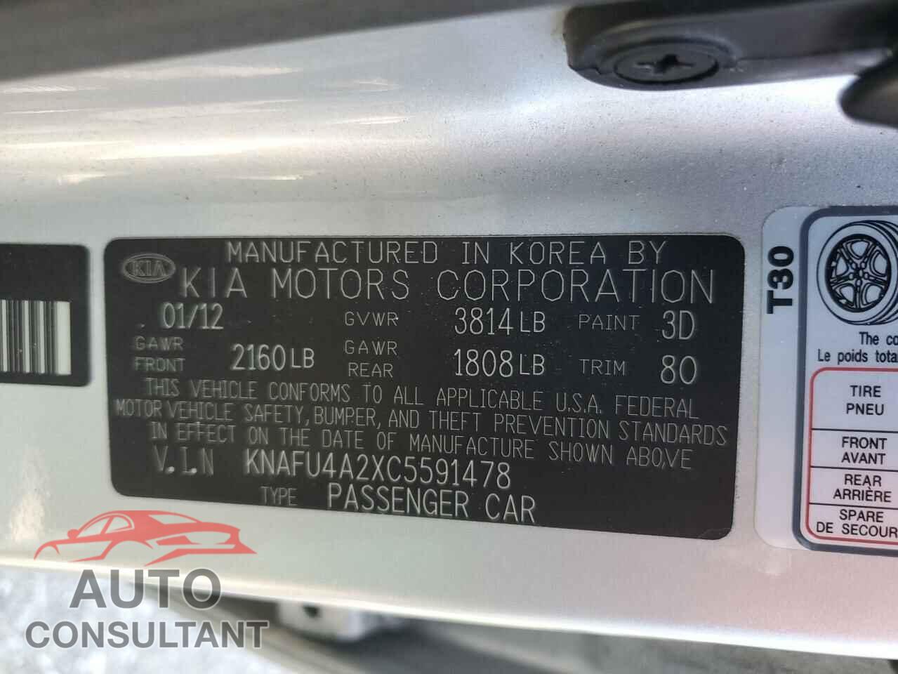 KIA FORTE 2012 - KNAFU4A2XC5591478
