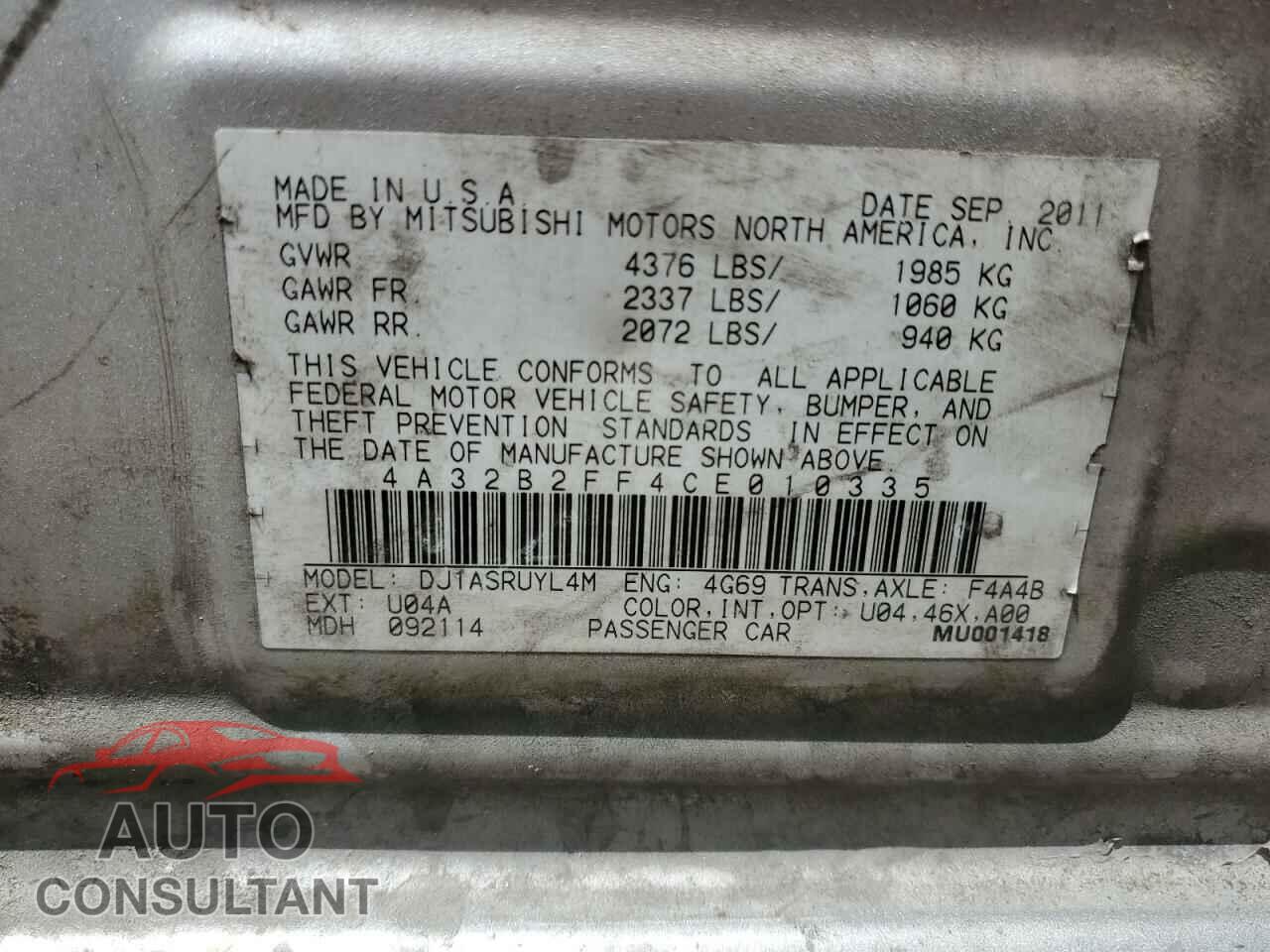 MITSUBISHI GALANT 2012 - 4A32B2FF4CE010335