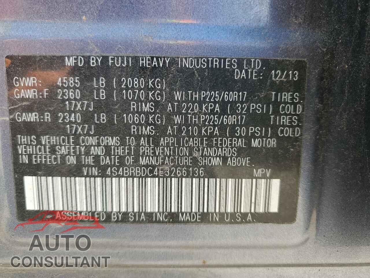 SUBARU OUTBACK 2014 - 4S4BRBDC4E3266136