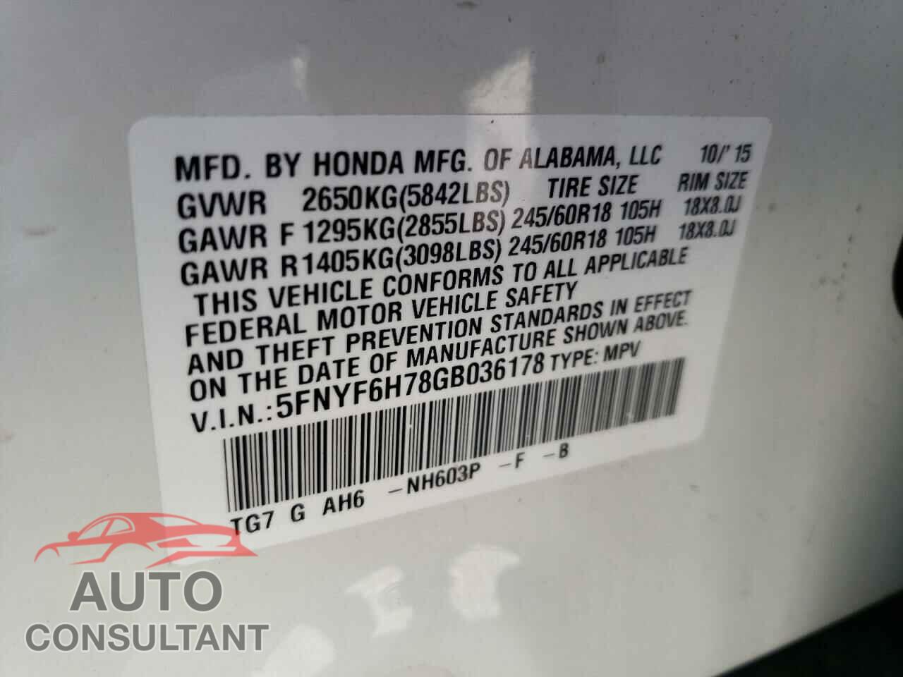 HONDA PILOT 2016 - 5FNYF6H78GB036178
