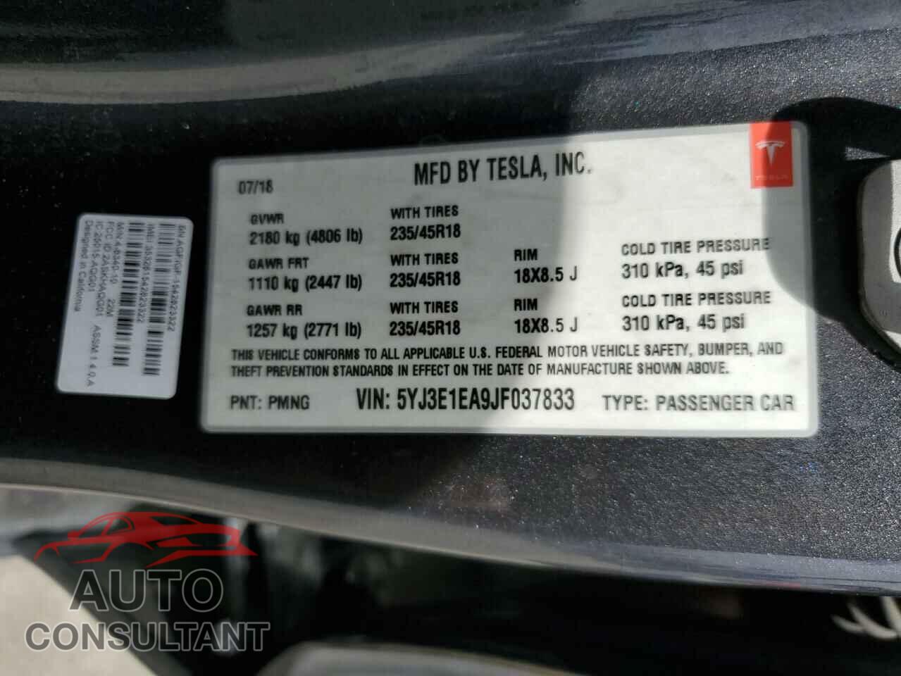 TESLA MODEL 3 2018 - 5YJ3E1EA9JF037833