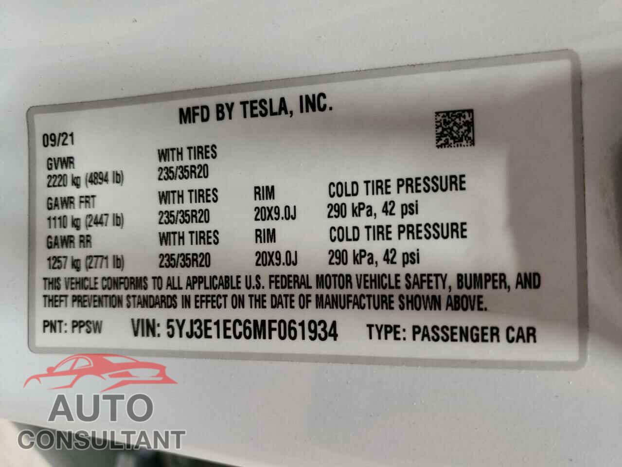 TESLA MODEL 3 2021 - 5YJ3E1EC6MF061934