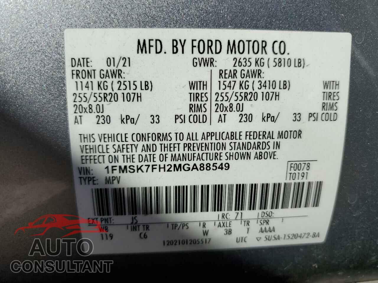 FORD EXPLORER 2021 - 1FMSK7FH2MGA88549