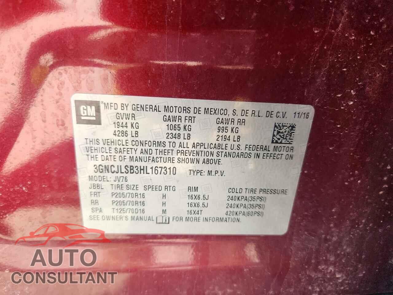 CHEVROLET TRAX 2017 - 3GNCJLSB3HL167310