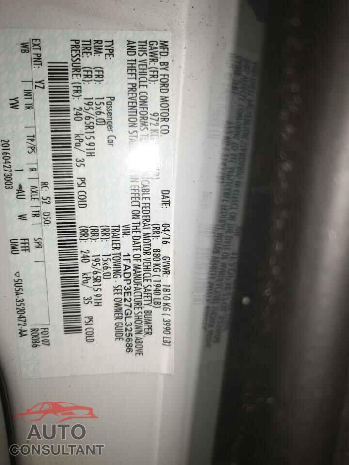 FORD FOCUS 2016 - 1FADP3E27GL325686