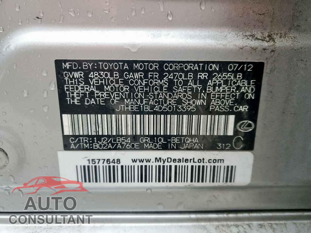 LEXUS GS350 2013 - JTHBE1BL4D5013395