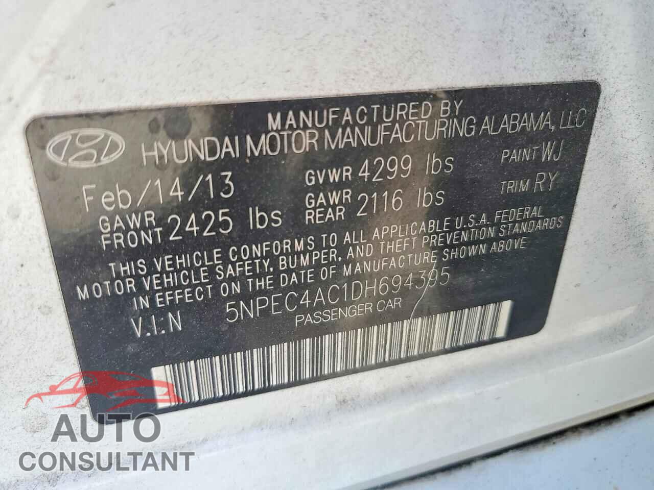 HYUNDAI SONATA 2013 - 5NPEC4AC1DH694395