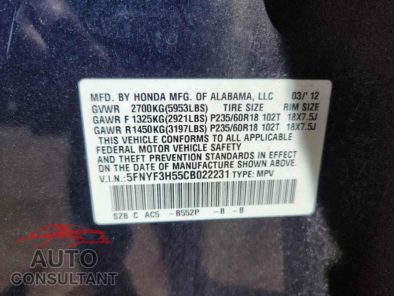 HONDA PILOT 2012 - 5FNYF3H55CB022231