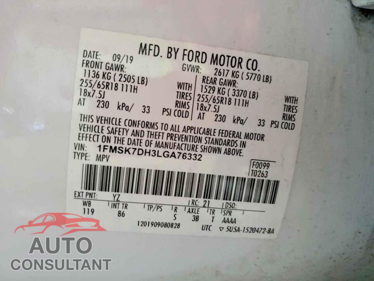 FORD EXPLORER 2020 - 1FMSK7DH3LGA76332