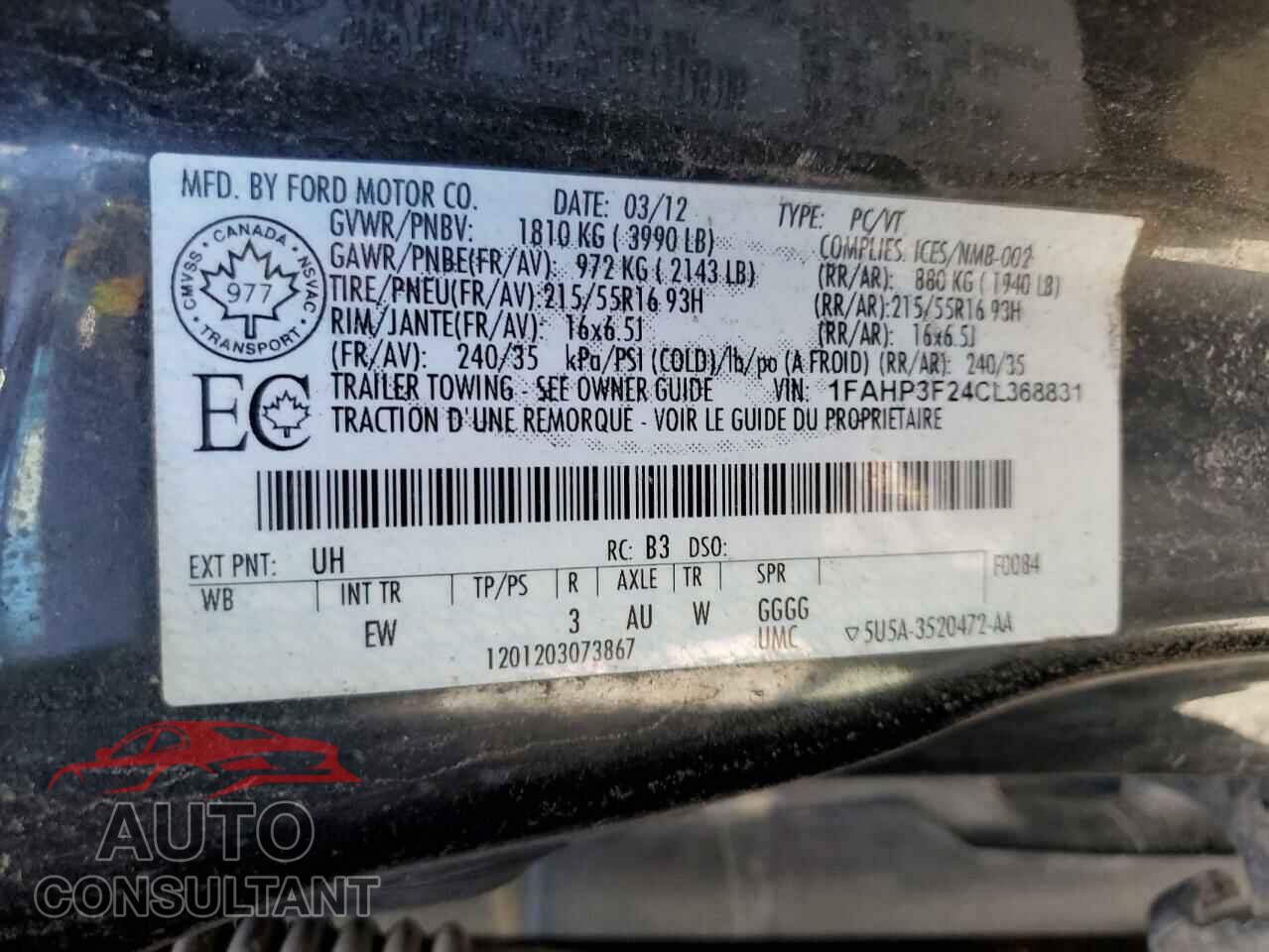 FORD FOCUS 2012 - 1FAHP3F24CL368831