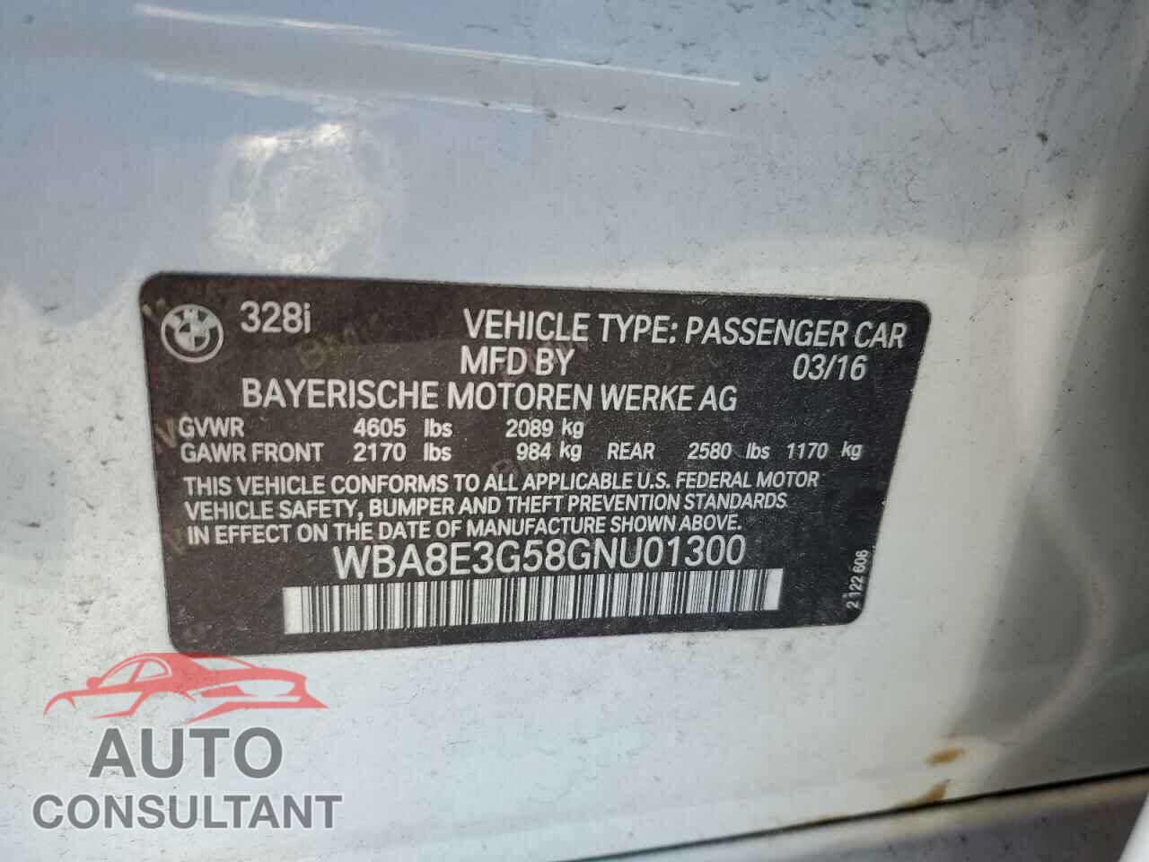 BMW 3 SERIES 2016 - WBA8E3G58GNU01300