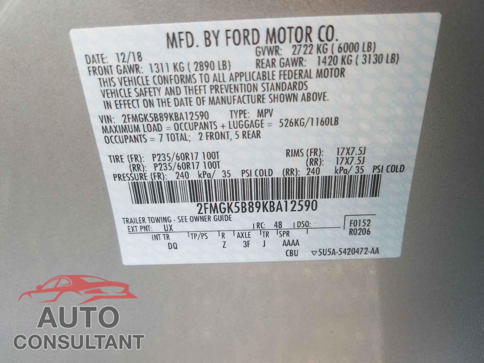 FORD FLEX 2019 - 2FMGK5B89KBA12590