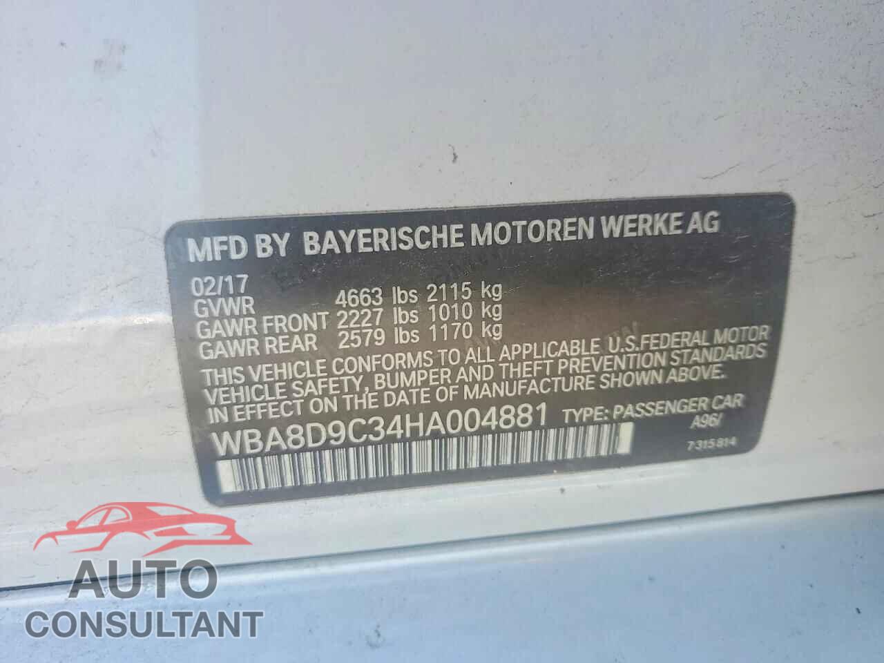 BMW 3 SERIES 2017 - WBA8D9C34HA004881