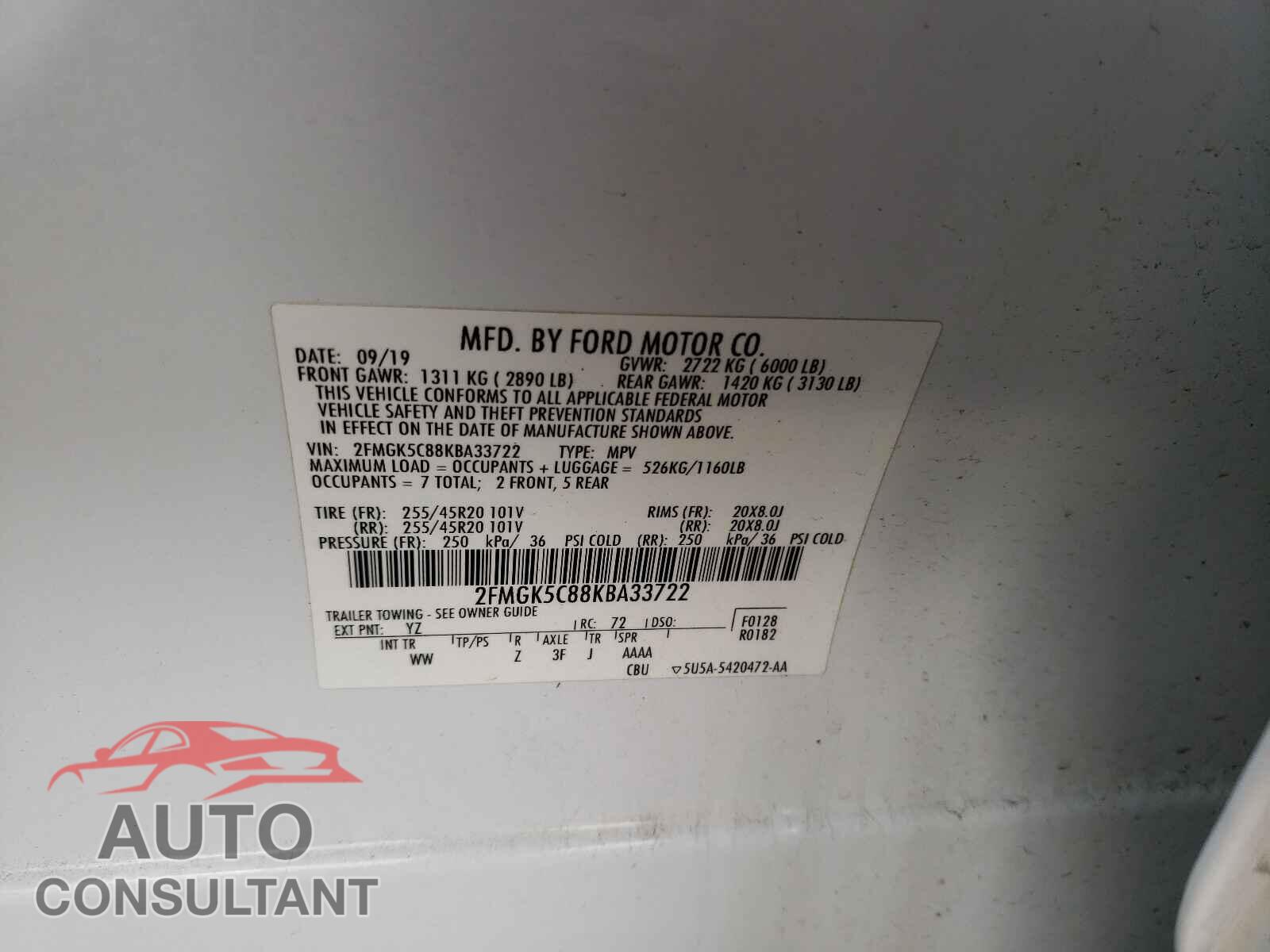 FORD FLEX 2019 - 2FMGK5C88KBA33722