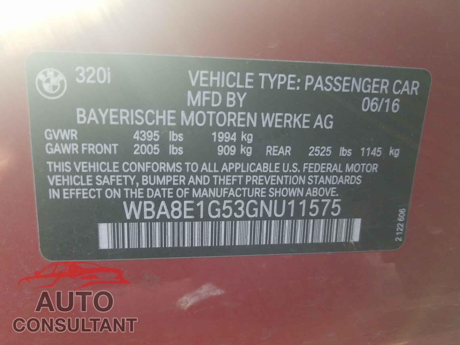 BMW 3 SERIES 2016 - WBA8E1G53GNU11575
