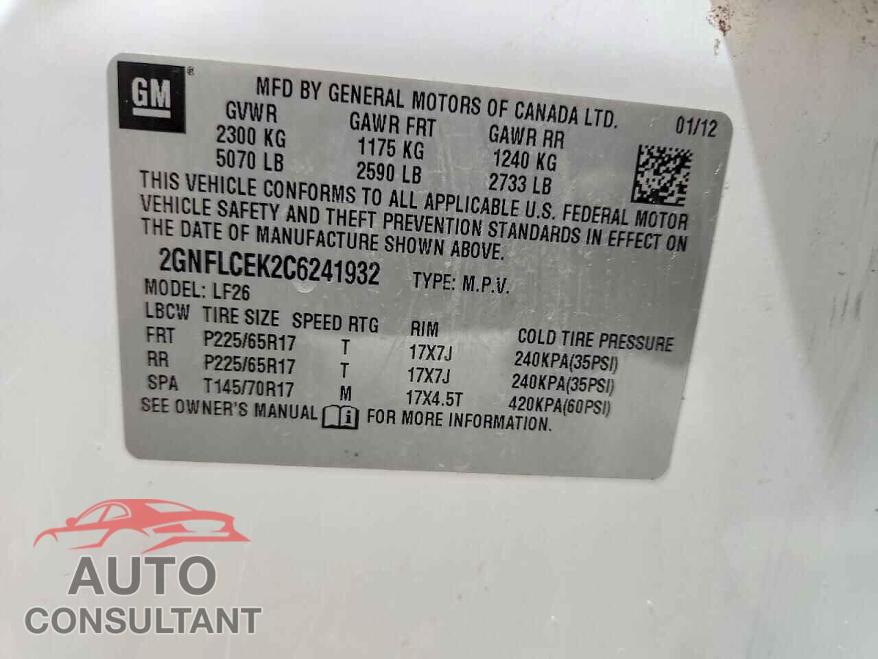 CHEVROLET EQUINOX 2012 - 2GNFLCEK2C6241932