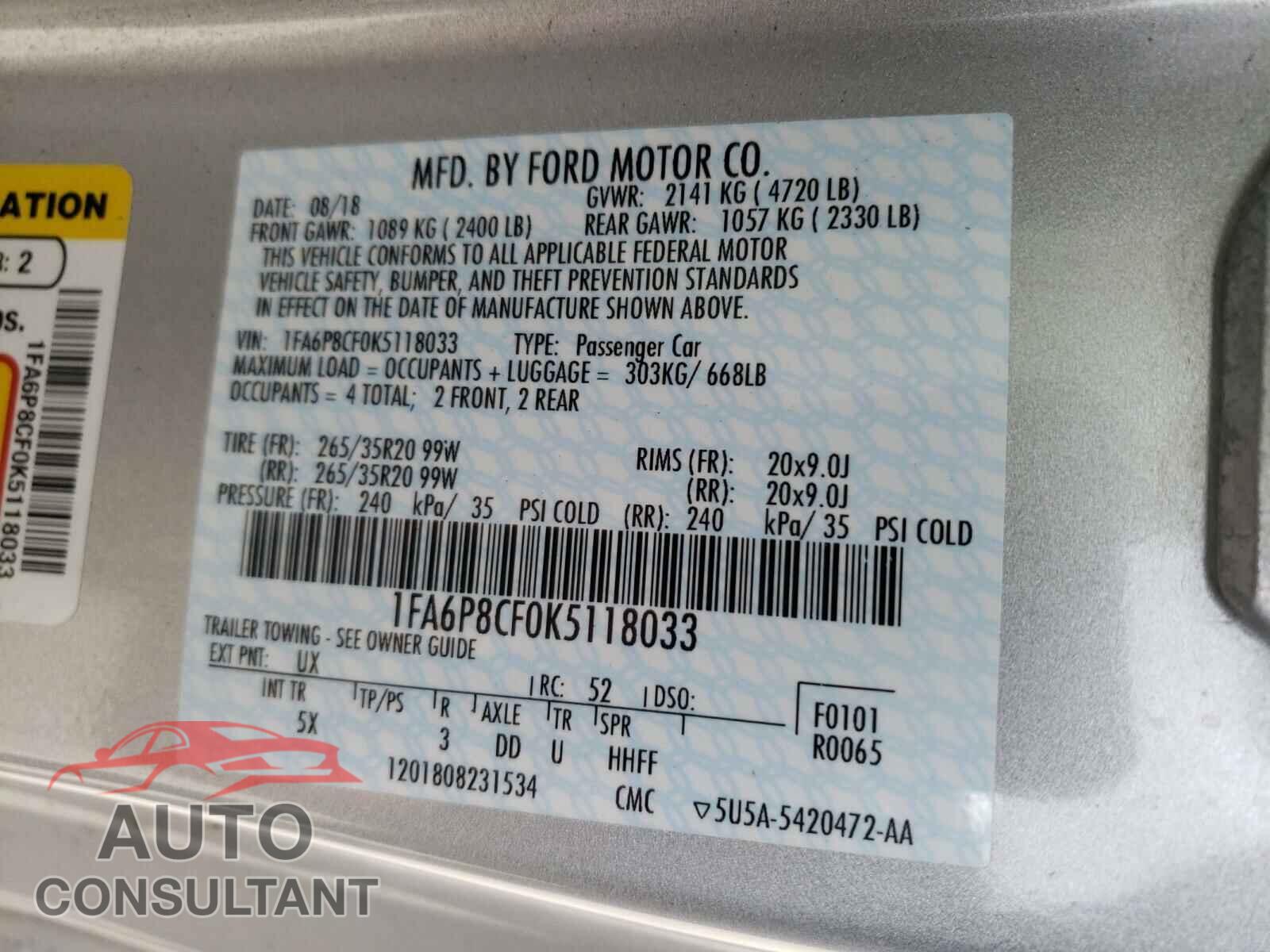 FORD MUSTANG 2019 - 1FA6P8CF0K5118033