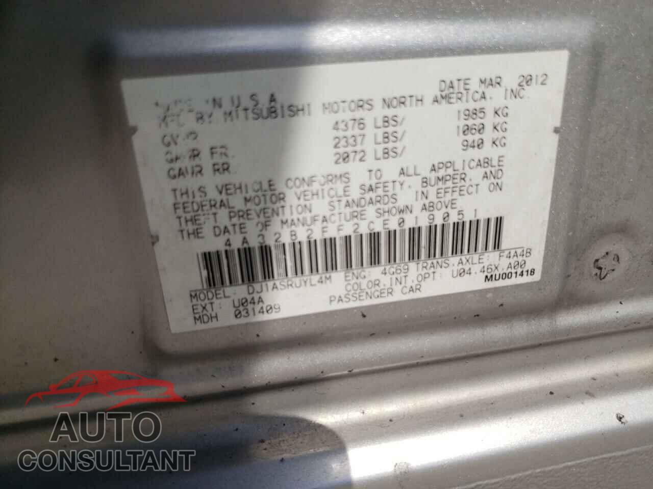 MITSUBISHI GALANT 2012 - 4A32B2FF2CE019051