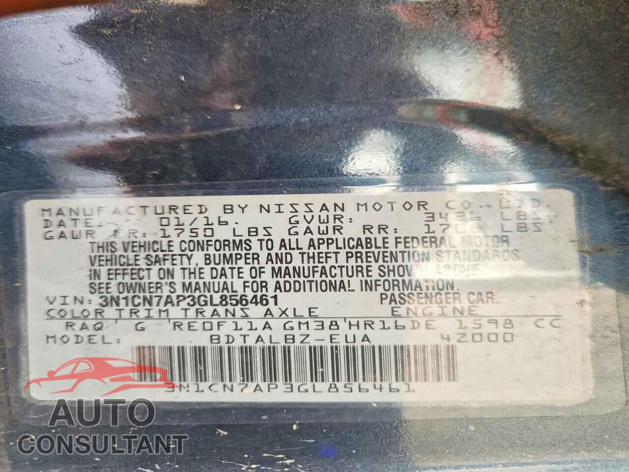 NISSAN VERSA 2016 - 3N1CN7AP3GL856461