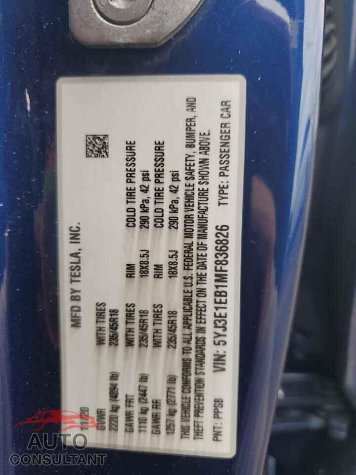 TESLA MODEL 3 2021 - 5YJ3E1EB1MF836826
