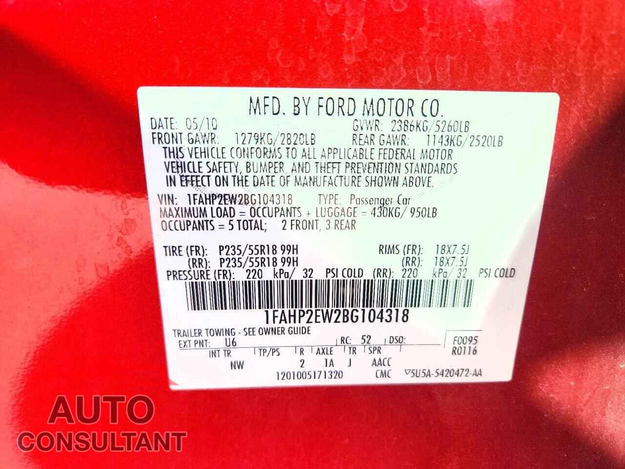 FORD TAURUS 2011 - 1FAHP2EW2BG104318