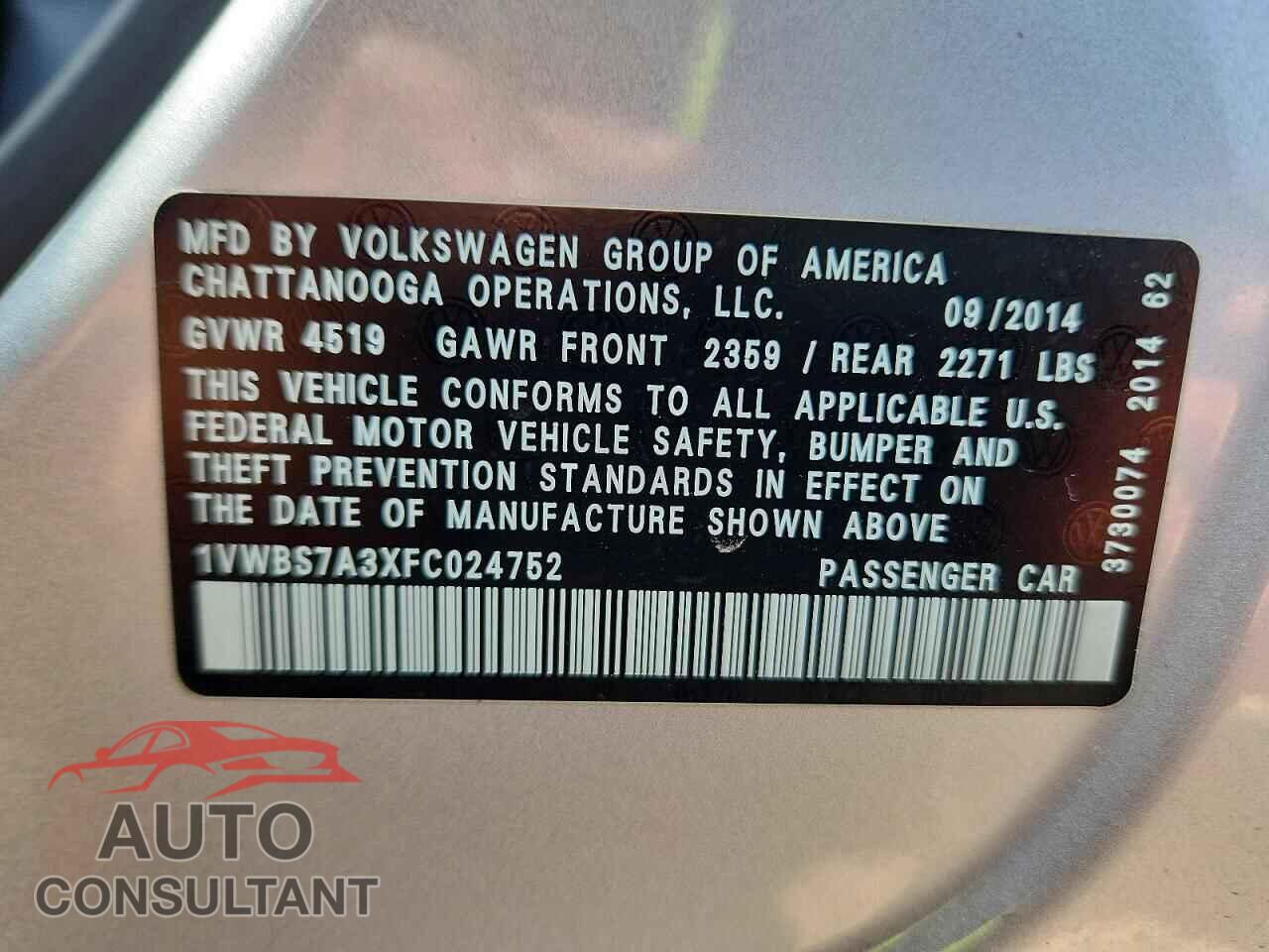 VOLKSWAGEN PASSAT 2015 - 1VWBS7A3XFC024752