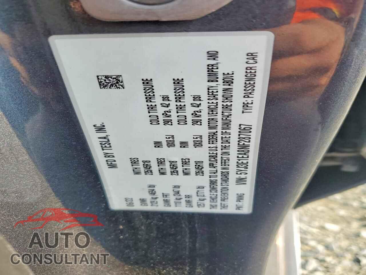 TESLA MODEL 3 2022 - 5YJ3E1EA8NF287067
