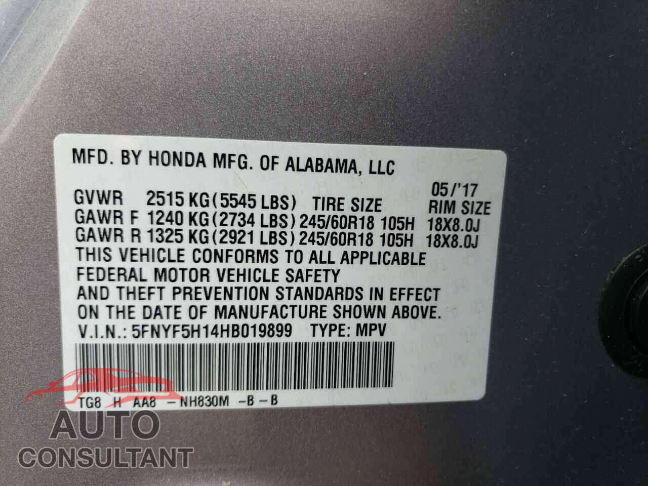 HONDA PILOT 2017 - 5FNYF5H14HB019899