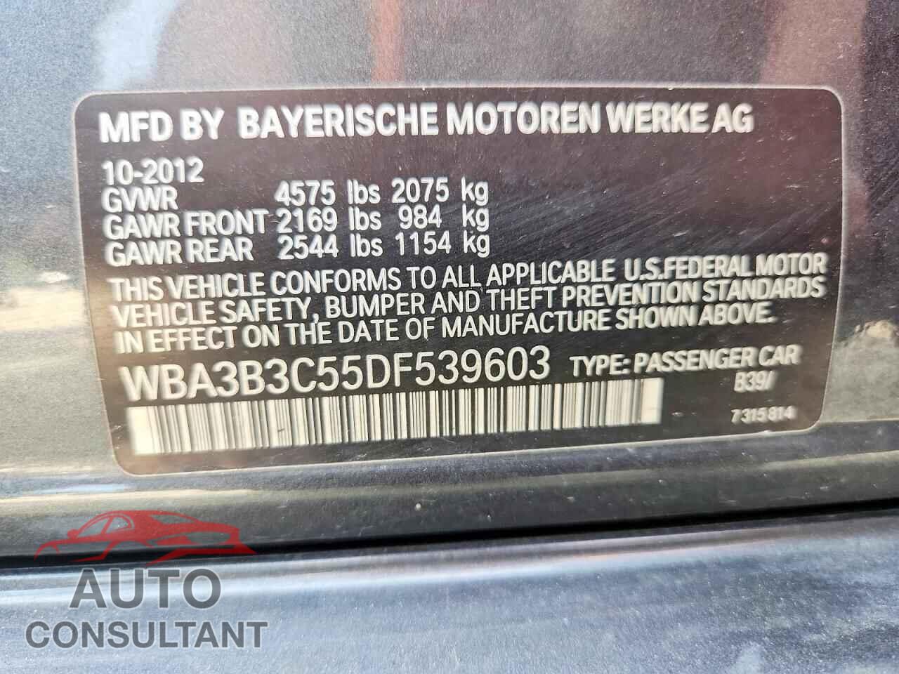 BMW 3 SERIES 2013 - WBA3B3C55DF539603