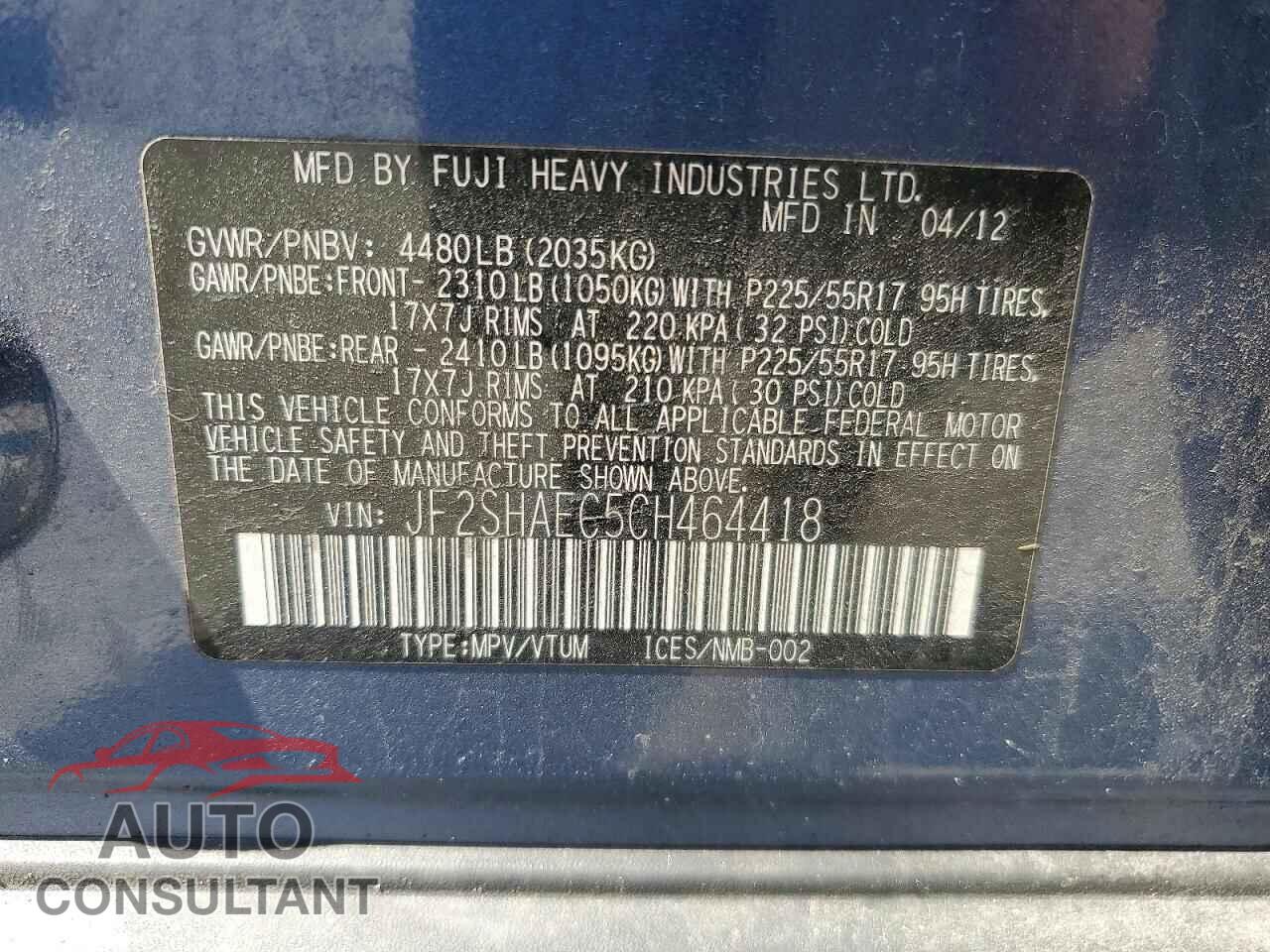 SUBARU FORESTER 2012 - JF2SHAEC5CH464418