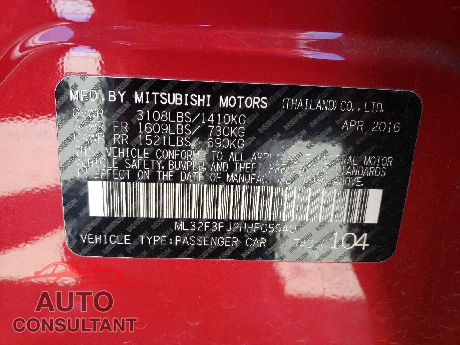 MITSUBISHI MIRAGE 2017 - ML32F3FJ2HHF05940