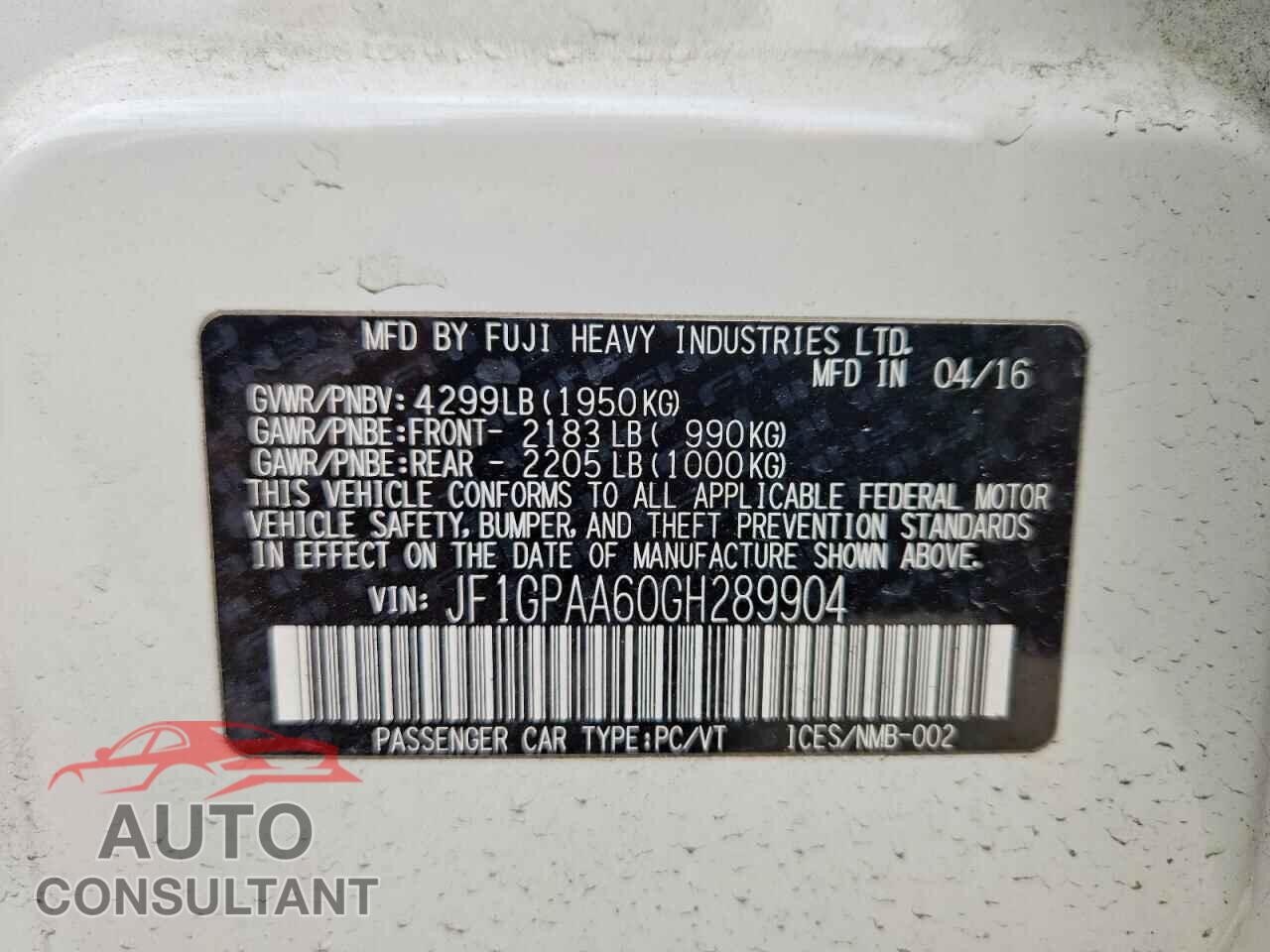 SUBARU IMPREZA 2016 - JF1GPAA60GH289904