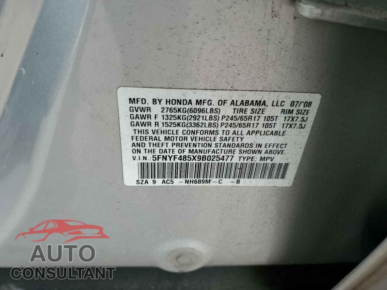 HONDA PILOT 2009 - 5FNYF485X9B025477