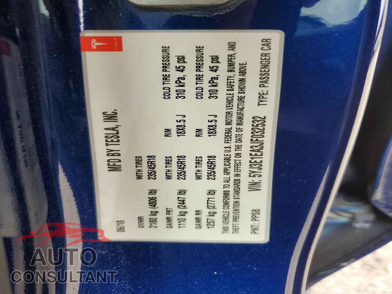 TESLA MODEL 3 2018 - 5YJ3E1EA3JF032532