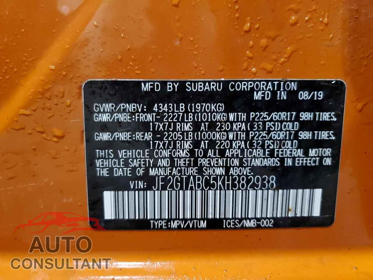 SUBARU CROSSTREK 2019 - JF2GTABC5KH382938