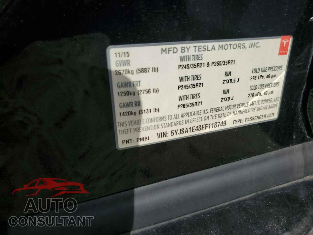 TESLA MODEL S 2015 - 5YJSA1E48FF118749