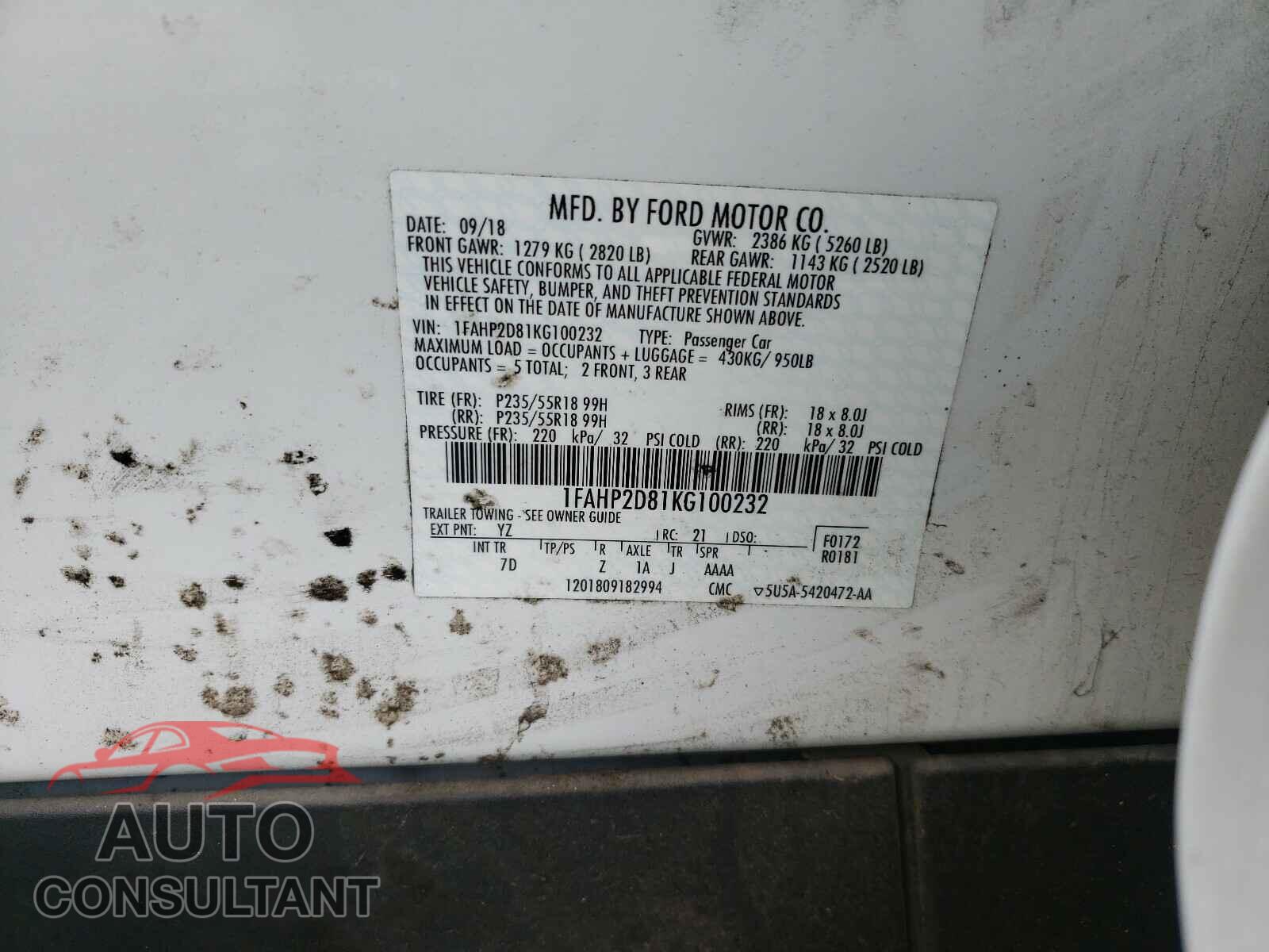 FORD TAURUS 2019 - 1FAHP2D81KG100232
