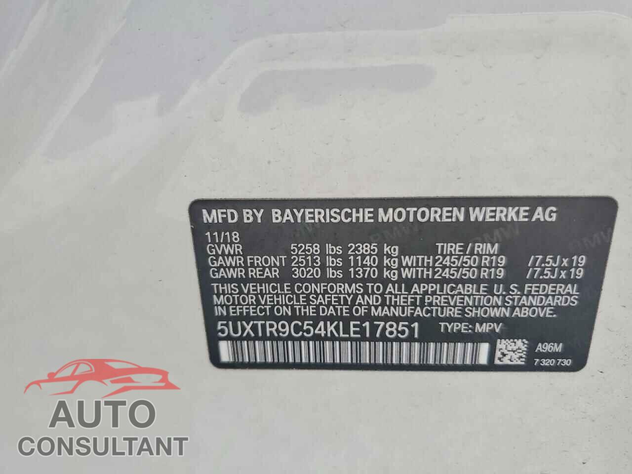 BMW X3 2019 - 5UXTR9C54KLE17851