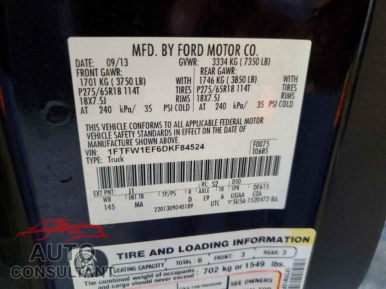 FORD F150 2013 - 1FTFW1EF6DKF84524