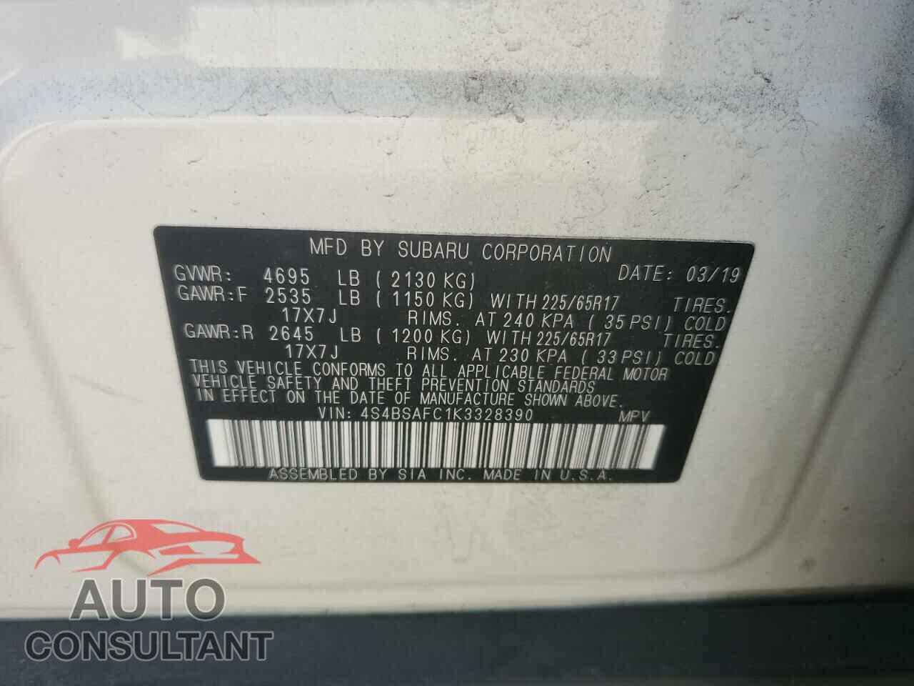 SUBARU OUTBACK 2019 - 4S4BSAFC1K3328390
